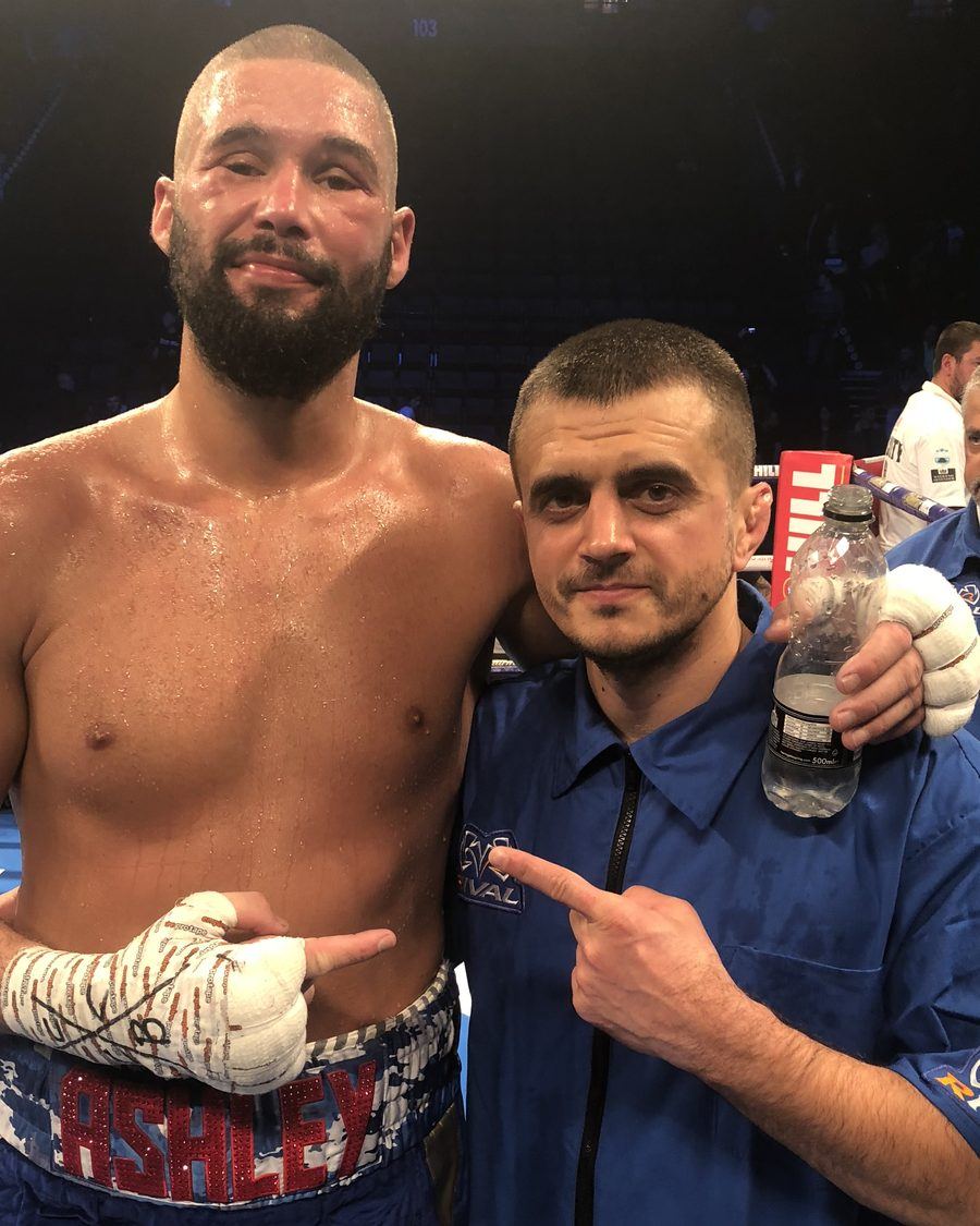 Oleksandr Foka in corner kit at ringside after a world title fight