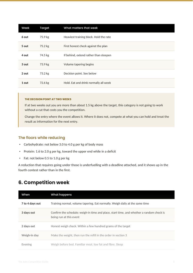 A page from The Judo Competition Guide: the eight-week template with weekly targets